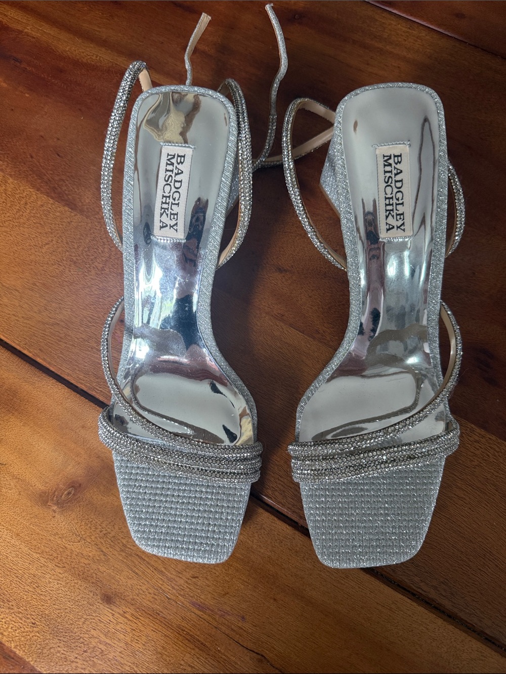 Badgley Mischka Silver Crystal-Strap Open-Toe Heels